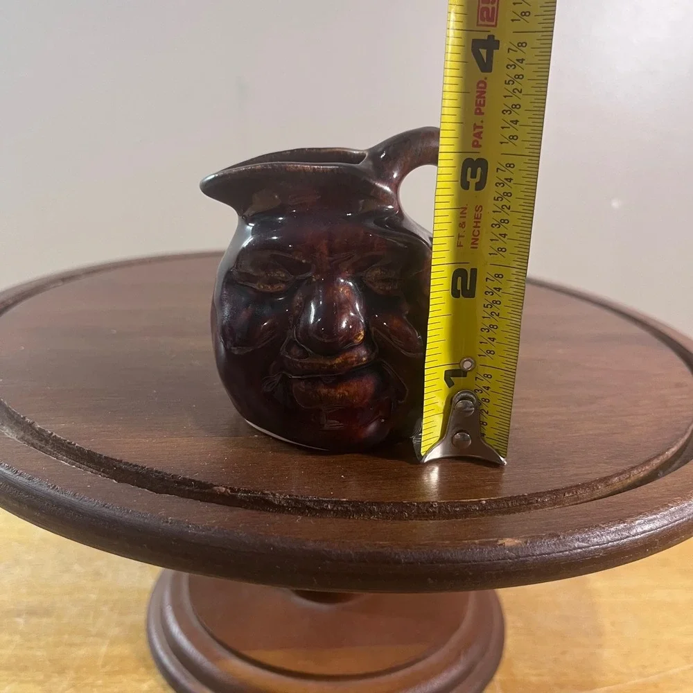 Vtg Brown Ceramic Mini Face Man Moon Jug Pitcher Drip Glaze Folk Art 3 Inch
